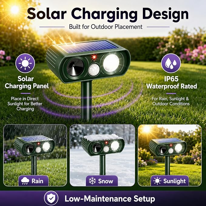 2 Pcs Upgraded Solar Animal Repellent Ultrasonic Outdoor for Cat Squirrel Racoon Rabbit Fox,Sonic Deer Repellent Devices Waterproof Flashing Light Motion Sensor Animal Repeller Deterrent for Garden