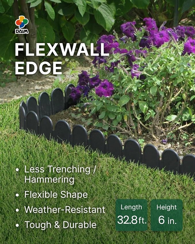 DAIM FlexWall Edge Landscape Edging, Fancy Garden Edging for Landscaping, Sturdy Garden Fencing & Landscape Border that Retain Soil & Stop Weeds, for Landscaping & Fencing Project, Black, 6" x 16.5 ft