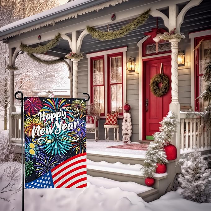 Happy New Year Garden Flag New Year Eve Yard Flags Double Sided American Flag Fireworks House Banner Balloon Holiday Celebration Party Garden Flags for Winter Festival Greetting 12x18 Inch