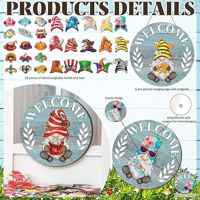 Qunclay Interchangeable Wooden Gnome Decor Holiday Seasonal Gnome Decorations with Magnet Pieces and Detachable Hats Changeable Welcome Sign for Home(Blue)