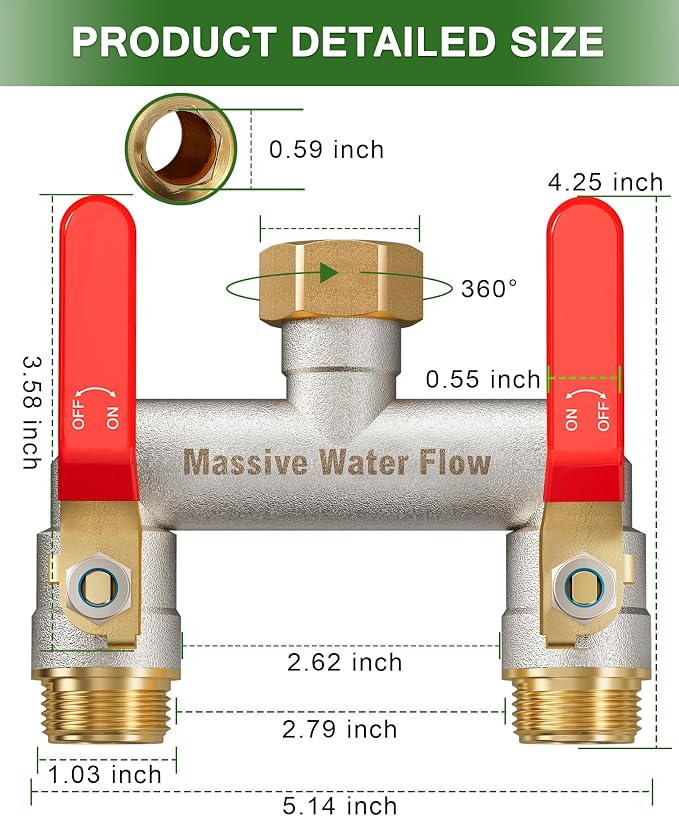Hose Splitter 2 Way Heavy Duty, Garden Hose Splitter with 304 Stainless Steel Long Handle, Full Flow Brass Nickel Plated Water Hose T Spigot Splitter Adapter Connector, 3/4 - Inch GHT Thread (Red)