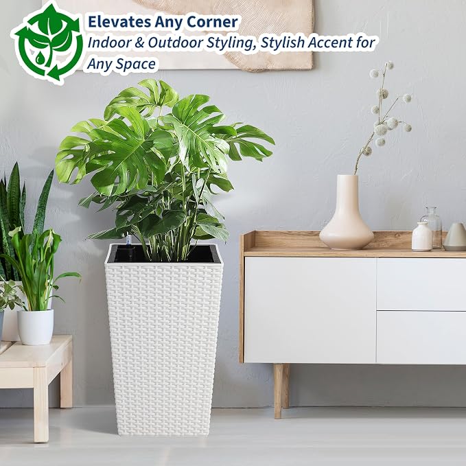 Garvee Set of 2 Tall Rattan Planters, 16 Inch Black Planters for Indoor Outdoor Plants, Flower Pots with Drainage & Water Level Window for Porch, Patio & Balcony