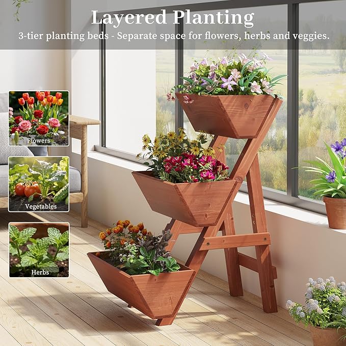 Kitsanery 3-Tiers Wooden Raised Garden Bed,Wood Planter Box for Vegetable,Flower Rack,Flower Pot Stands,Indoor Outdoor Gardening Planting Beds (Brick red, Small)