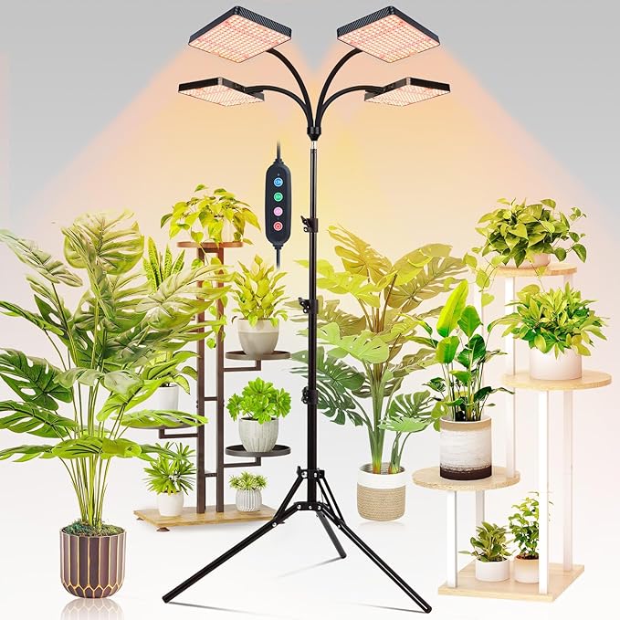 FECiDA 2026 4Head Grow Light with Stand, 100 Watt Power Draw, Bright and Big Coverage Grow Lights for Large Houseplants, Bonsai Tree, 4/8/12/16/20 Hr Timer, 24"-72" Height Adjustable, 360° Gooseneck