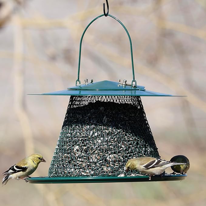 Collapsible Metal Mesh Bird Feeder with Tray - Green Cardinal Feeder - Holds 12 Cups of Sunflower Seeds