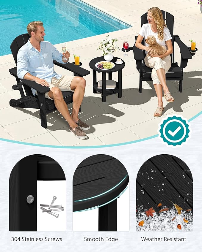 SERWALL Round Outdoor Side Table Set of 2, HDPE Small Adirondack Double End Table, Black