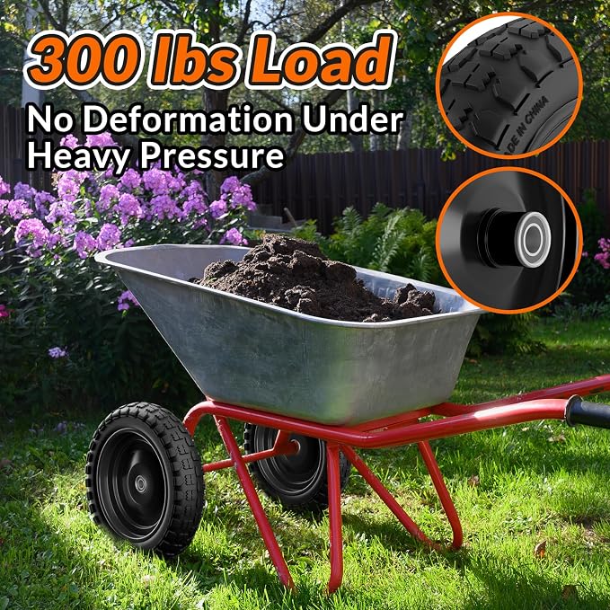RONPOW 4.00-6 Flat Free Tire and Wheel, 13 Inch Solid Garden Wheelbarrow Tires, 300Lbs with 5/8" & 3/4" Axle Hole, 1"-3.5" Hub for Garden Cart, Wheelbarrow, Hand Truck, for Home Farm, 2Pcs Black