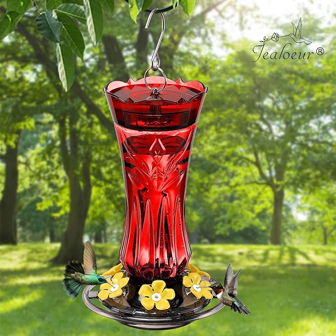 Jealoeur Hummingbird Feeders for Outdoors, Durable Hanging Humming Birds Feeders with 6 Bee Guard Feeding Ports & Built-in Ant Moat, Easy to Clean, Ideal for Garden Decor, 18 OZ, (1, Red)