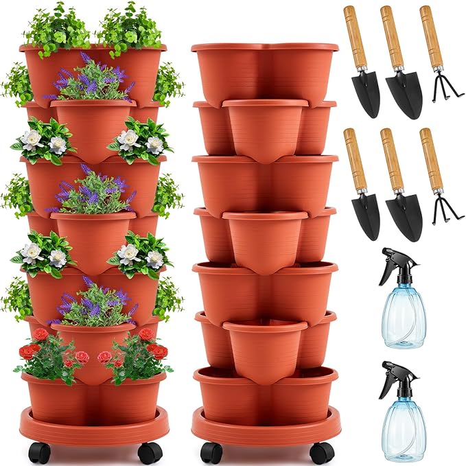 Umigy 1 Set Clay Red 7 Tier Stackable Vertical Planters with Removable Wheels and Tools Tower Planters Strawberry Herb Flower Vegetable Pots Indoor Outdoor Gardening Pots