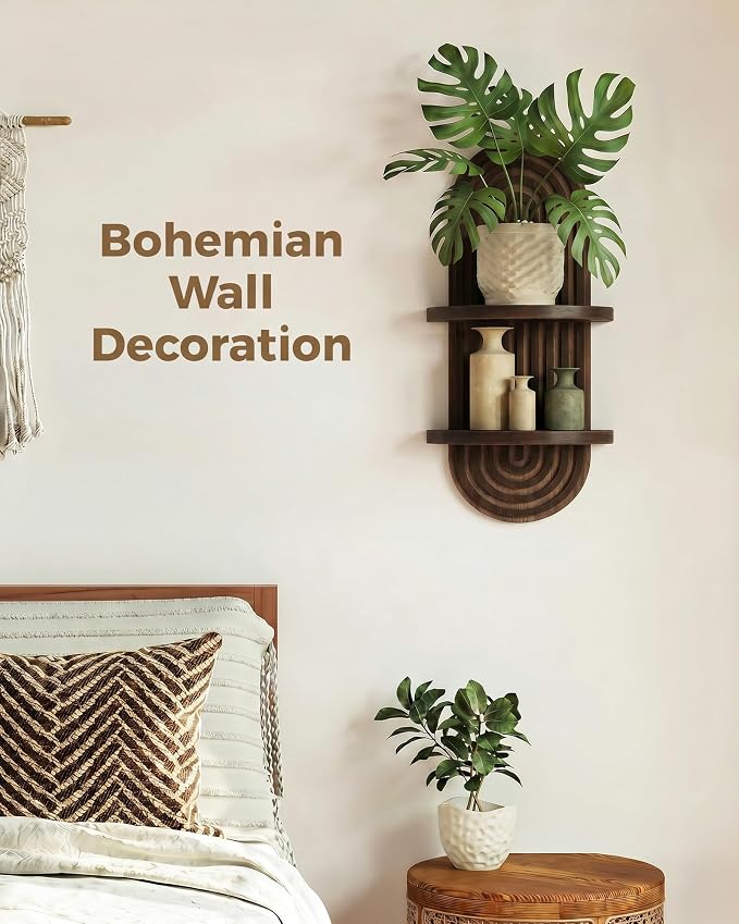 Bamworld Boho Wall Decor Plant Wall Shelf Mid Century Modern Decor Hanging 22in Plant Shelf 2-Tier Wooden Floating Shelves Walnut