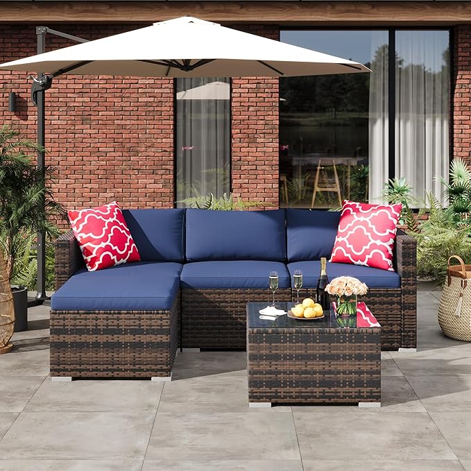 GAOMON 5-Piece All-Weather Patio Furniture Set, Convertible Outdoor Sectional Sofa with Ottoman & Tempered Glass Table, PE Rattan Conversation Set for Garden, Backyard, Porch, Poolside