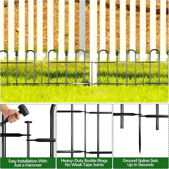 7ft(L) x 12.8in(H) 5 Panels Metal Decorative Garden Fence, No Dig Animal Barrier Fence, Garden Border Fence Panels with Ground Stake, for Pets, Flower Bed, Yard, Patio
