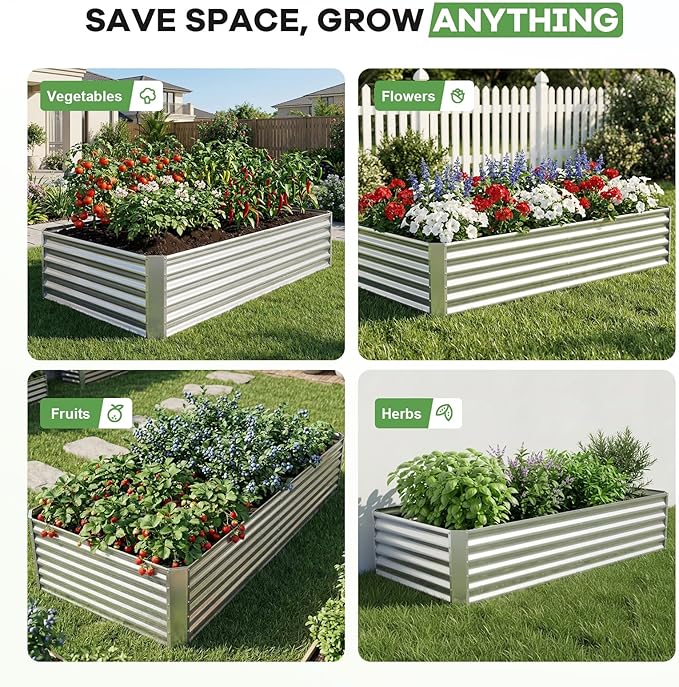 Galvanized Raised Garden Bed Kits, Metal Planter Box Outdoor, 8x4x1.4ft Rectangular Steel Planter Bed for Vegetables, Fruits, Flowers, Herbs(Silver)
