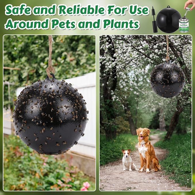 2 Pcs Large Fly Trap Balls Hanging Fruit Fly Traps Outdoor Adhesive Insect Balls with a Sticky Coating Glue Air Pump Insect Catch Sticky Bug for Farm Orchard Deerflies Mosquito (Black)