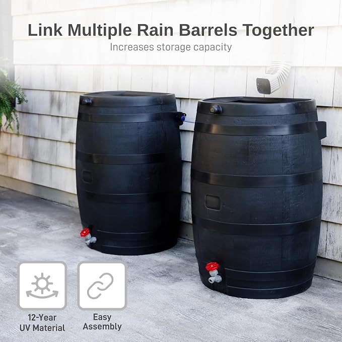RTS Home Accents 50-Gallon ECO Rain Barrel Made with 100% Recycled Plastic, Flat Back Rain Water Collection Barrel, Soaker Hose Included, Black