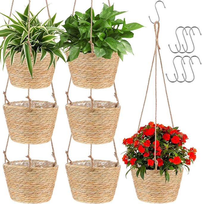 6 Pcs Seagrass Hanging Planter Basket Hand Woven Plant Basket with Plastic Liners Hanging Plant Holder Storage Containers with Cotton Rope for Indoor Garden Decor (Medium,Brown)