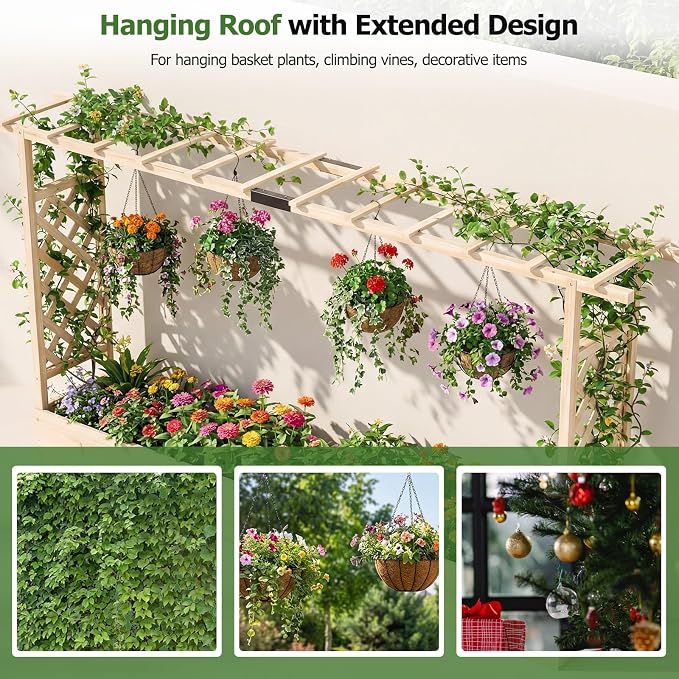 HAPPYGRILL Raised Garden Bed with Trellis, 2 Freestanding 45" Wood Planter Box w/Hanging Roof & 8 Drainage Holes for Vine Climbing Plants Flowers, Outdoor Wood Elevated Garden Bed for Patio Yard