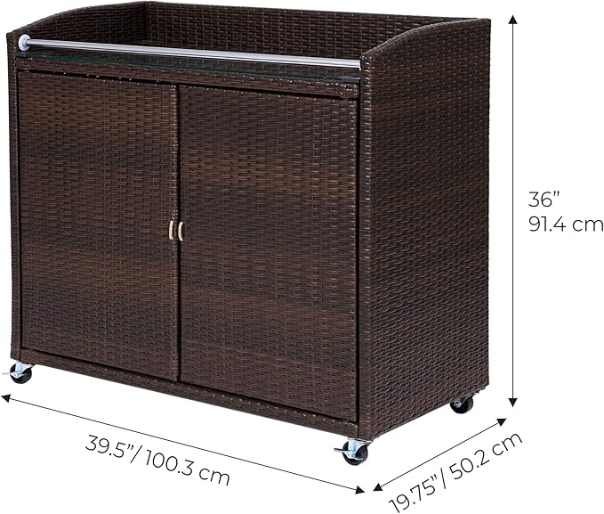 Teamson Home 39.5 in. Veronica Outdoor Rolling Bar Cart with Locking 360-degree Wheels, Weather-Resistant PE Rattan, Glass Tabletop, and 270 Gallon Storage Capacity, Brown