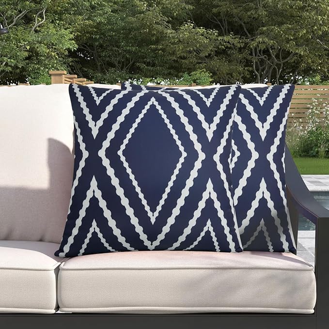 Adabana Outdoor Waterproof Throw Pillow Covers Set of 2 Boho Geometric Pillows Cover for Patio Garden 20 x 20 Inch Navy Blue