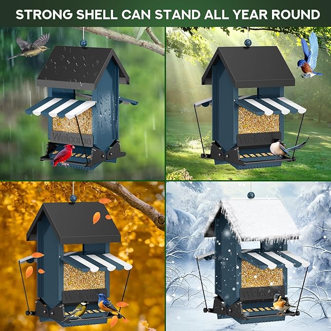 Squirrel Proof Bird Feeder Heavy Duty, 5LB Metal Hanging Bird Feeder for Outdoors with Weight-Activated, Easy to Fill & Clean, Wild Bird Feeder for Cardinals, Bluebirds, Finches, Chickadees& All Birds