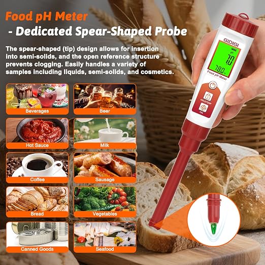 Food pH Meter Spear Tip Digital pH Test Pen for Sourdough Bread Fermentation Acidity Tester pH Tester for Cheese Hot Sauce Kombucha Wine Meat Saliva Cosmetic Honey, 1 Replaceable 5.5in pH Probe | Spear Tip
