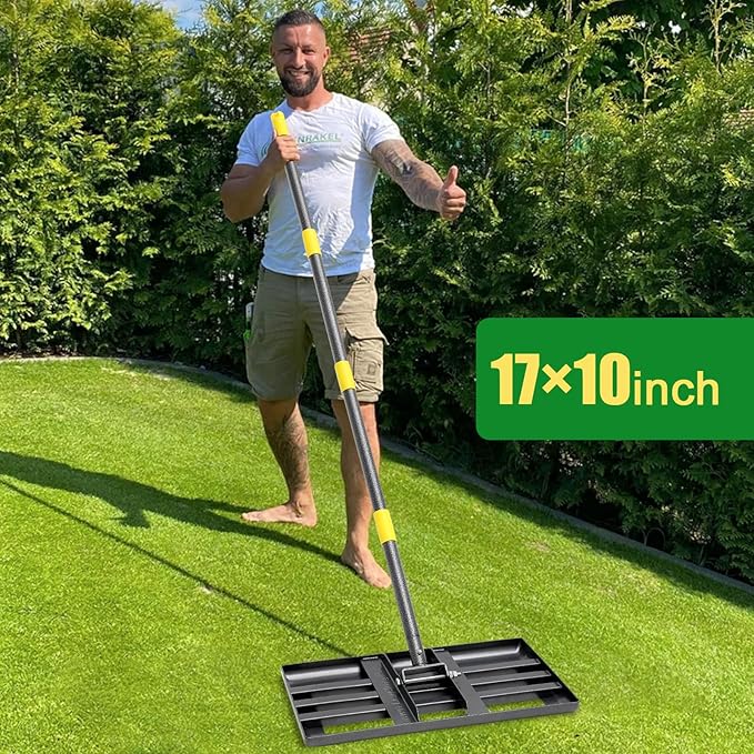 Lawn Leveling Rake - Heavy Duty 17"x10" Stainless Steel Lawn Leveler | Adjustable 28-72" Handle, Reinforced Welds & Smooth Edge for Soil, Dirt,Ground,Yard Top Dressing,Landscaping