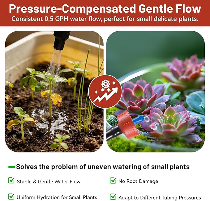 100 PCS 0.5 GPH Pressure Compensating Drip Irrigation Spot Watering Dripper, Gentle Flow Anti-Clog Drip Irrigation Emitters Heads Irrigation Drippers Parts for Indoor Outdoor Small Potted Plants