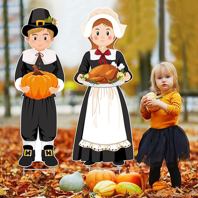 Capoda Large Thanksgiving Pilgrim Yard Sign Pilgrim Boy and Girl Pumpkin Turkey Outdoor Decoration Happy Fall Lawn Sign with H Stands for Autumn Thanksgiving Garden Decor, 33 x 12.6 Inch