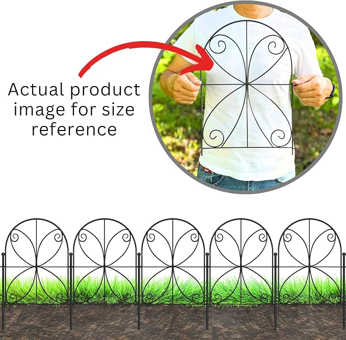 ShopLaLa Bundle- 10 Pack,16.5 Inch Decorative Garden Fence + 2 Pack, 16 Inch Metal Basket with Coco Liner Railing Fence Strawberry Plant Box Flower Bed Rustproof Landscape Edging Outdoor Garden Border