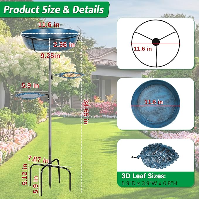 Metal Bird Bath for Outdoor - Garden Bird Bath with Removable Bowl Heavy-Duty Base, Winter Birdbath Feeder Rust-Proof Birdbaths for Garden Yard Lawn Decor, Easy to Install(Blue)