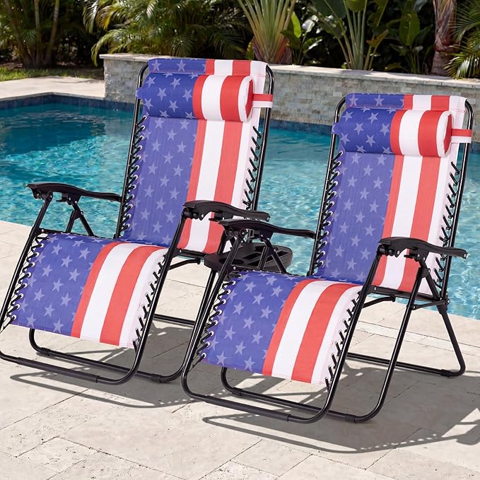 Best Choice Products Set of 2 Extra Wide Adjustable Steel Mesh Zero Gravity Lounge Chair Recliners w/Pillows and Cup Holder Trays - American Flag