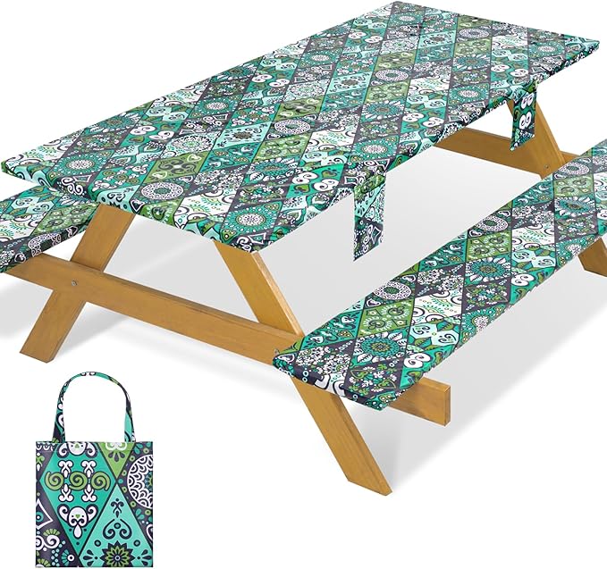 Fitted Waterproof Picnic Table Cover with Bench Covers Elastic 72×30In 3 Piece Camping Table Cloth for 6Ft Rectangle Tables Outdoor Camper Gifts Supplies Patio Rv Traveling Hiking Must Haves