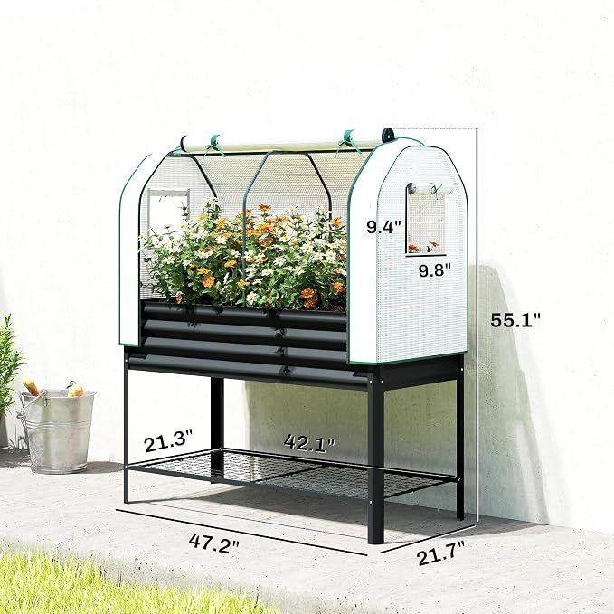 Outsunny Galvanised Raised Garden Bed with Greenhouse Cover, Metal Elevated Garden Bed with Legs, Bed Liner and Bottom Shelf, Outdoor Raised Planter Box for Vegetables, Herbs, Flowers, Black
