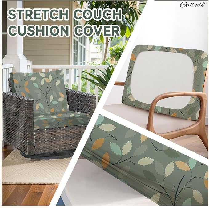 CALBODE 12Pcs Stretch Patio Cushion Cover for Autumn, Couch & Sofa Slipcovers for Patio Furniture Cushions Washable Reusable Couch Covers Replacement Fall Home Decor (Green Leaf Printed, Cover Only)