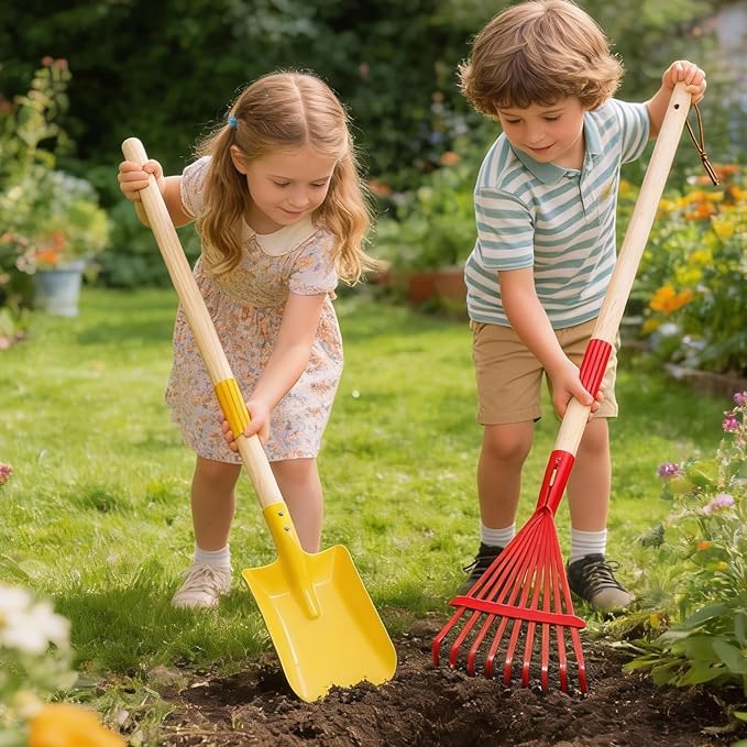 2 Pcs Kids Rake and Shovel Set,28" Toddler Size Metal Snow Shovel & Leaves Rake with Wooden Handle,Real Gardening Tools for Child Age 3 for Little Helpers in Winter Yard Fun
