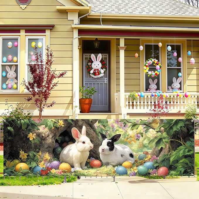 Happy Easter Bunny Fence Banner 118 x 35 Inch, Large Waterproof Outdoor Easter Banner with Cute Rabbits & Colorful Eggs for Yard Porch Fence Spring Party Decorations