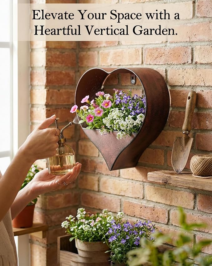 Metal Plant Hangers Indoor and Outdoor:Birthday Gifts for Mom Women Her Wife Garden Lovers - Heart Shape Hanging Planters for Window Wall Living Room Office Decor(Rustic)
