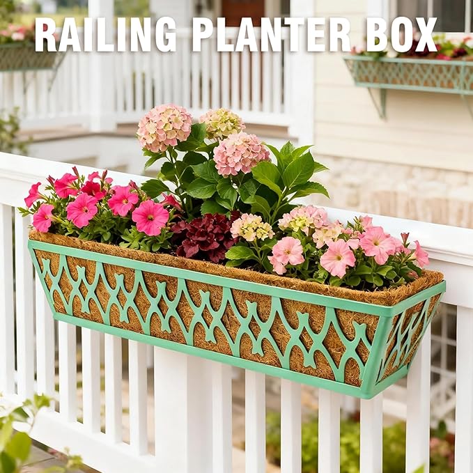2 Pack 24 Inch Window Boxes Planters Railing Planter Box with Adjustable Brackets for Porch Fence Patio Balcony Hanging Flower Baskets with Coco Liners for Outdoor Garden Decor - Green