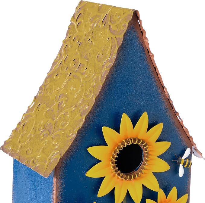 Glitzhome Birdhouses for Outdoors, Bird Houses Stake for Outside, 52.5" H Metal Bird House Decorative Sunflower Birdhouse with Stake for Garden Patio Backyard (Blue)