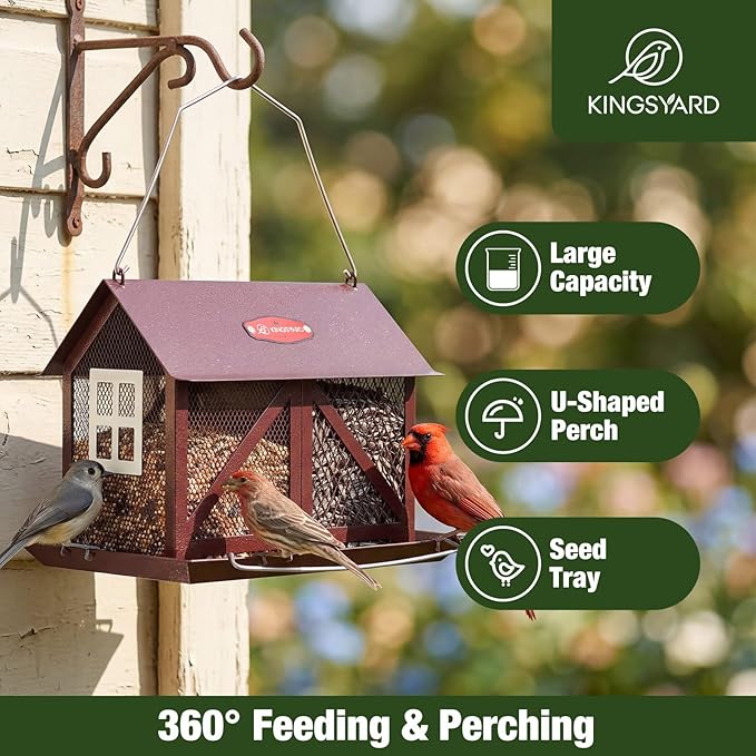 Kingsyard Metal Bird Feeder for Outdoors Hanging, 2-in-1 Wild Bird Feeder with Seed Tray & Built-in Perch, 5 lb Large Capacity for Cardinal Chickadee Finch, Bronze