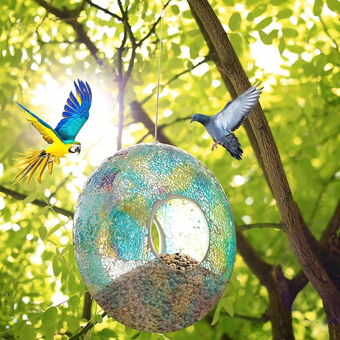 DUSVALLY 9" H Round Fly Through Bird Feeder Squirrel Proof for Garden Wild Seed, Crackled Glass Mosaic Outdoor Hanging Feeder for Bird Lovers, Blue & Yellow