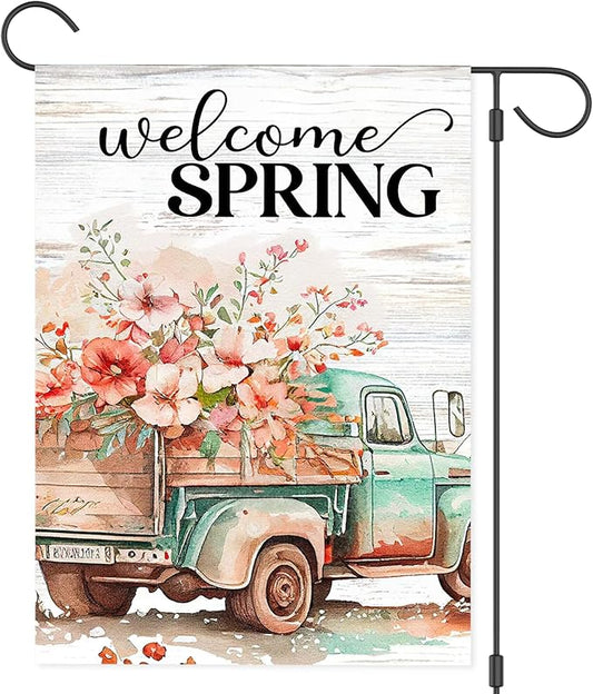 Spring Garden Flags 12"x18" Double Sided Welcome Spring Floral Truck, Burlap Spring Yard Flag for Outdoor Garden Porch Decor