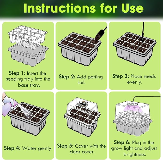 Seed Starter Kit with Grow Light, Flantor 72-Cell (6 Pack) Seed Starter Kit with Full Spectrum Grow Light, Auto Timer & Adjustable Brightness, 12-Cell Trays, Humidity Domes and 30 Plant Labels