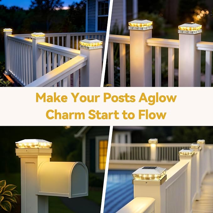 KEILAIMO Solar Post Cap Lights Outdoor, 12 Pack Upgraded Waterproof Deck Fence Post Solar Lights for 3.5x3.5 4x4 5x5 Vinyl/Wood Posts, 10-12 Hours Warm/Cool White Glow for Garden/Patio/Porch - White