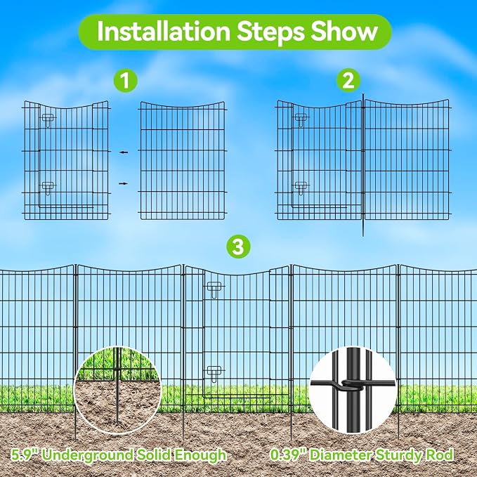 INJOPEXI Decorative Garden Fence 12 Panels 26ft(L)×36in(H) Metal Garden Fences with 11 Panels + 1 Gate, Animal Barrier Rabbit Fence Rustproof Wire Temporary Dog Fencing Outdoor for Backyard Lawn