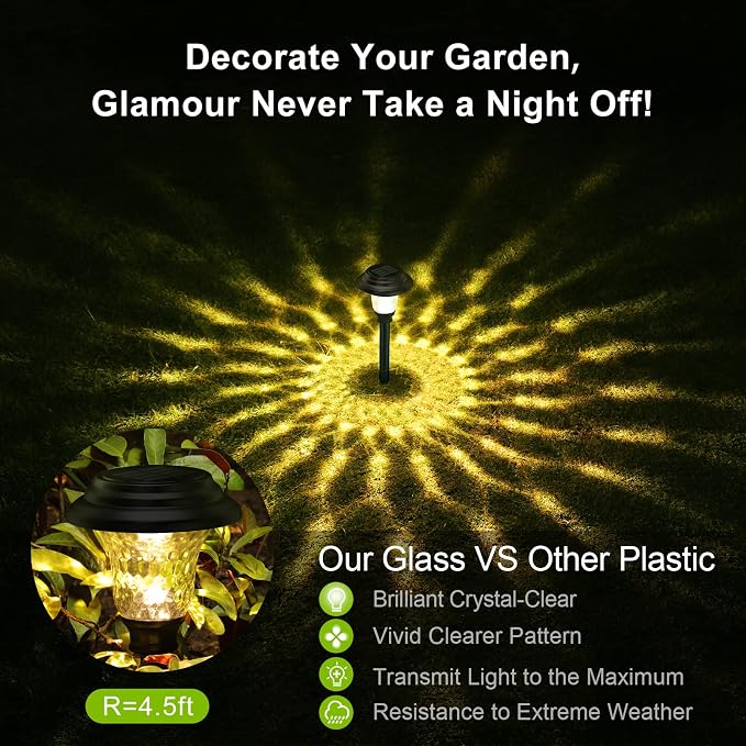 Glass Solar Lights Outdoor waterproof, 2 Pack Super Bright Solar Pathway Lights, Up to 12 Hrs Long Last Auto On/Off Garden Lights Solar Powered, Stainless Steel LED Light For Yard Landscape Warm White