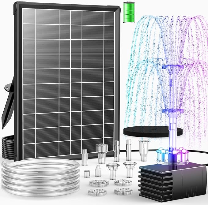 Antfraer 8W Solar Fountain Pump Built-in 3600mAh Battery & LED Lights, Solar Powered Water Pump with Double-Layer Nozzle & 5ft Tubing, Solar Water Fountain For Bird Bath Pond Garden DIY Water Features