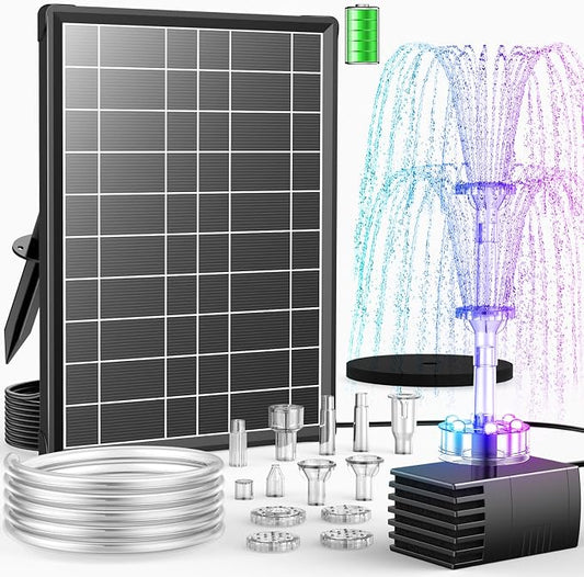 Antfraer 8W Solar Fountain Pump Built-in 3600mAh Battery & LED Lights, Solar Powered Water Pump with Double-Layer Nozzle & 5ft Tubing, Solar Water Fountain For Bird Bath Pond Garden DIY Water Features
