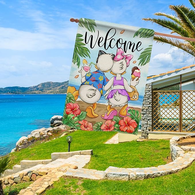 Selmad Welcome Summer Cartoon Duck Decorative House Flag, Beach Coastal Hibiscus Flower Tropical Home Yard Garden Outdoor Decor, Hawaii Nautical Seasonal Large Outside Decoration Double Sided 28 x 40