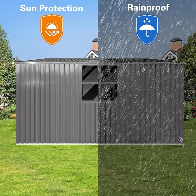 YOPTO 12x14 FT Sheds & Outdoor Storage,Metal Waterproof Firewood Shed with 2 Integrated Punched Vents,2-in-1Heavy-Duty Garden Tool House w/Window & Door,Shelter for Wood,Bicycles,Grey
